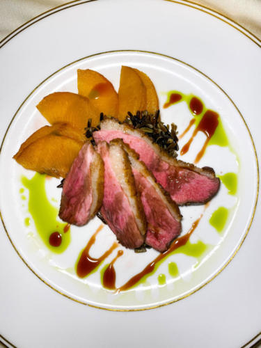 Hot Pepper HopZalt crusted Hudson Valley duck breast, wild rice, grilled peaches, pomegranate drizzle