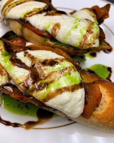 Roasted red pepers, mozzarella, homemade baguette, basil oil and balsamic glaze